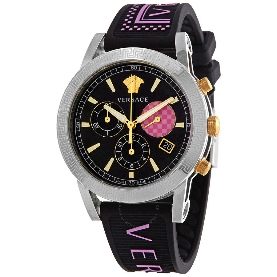 Versace Sport Tech Chronograph mit schwarzem Zifferblatt und schwarzem Kautschukarmband für Damen – VELT00619, Damenuhr