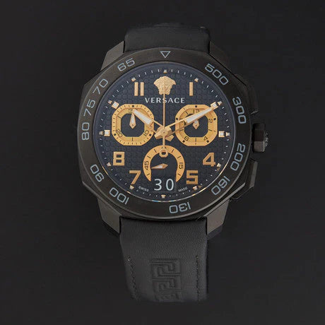 VVersace Dylos Chronograph Schwarzes Zifferblatt Schwarzes Kautschukarmband , Herrenuhr – VQC020015