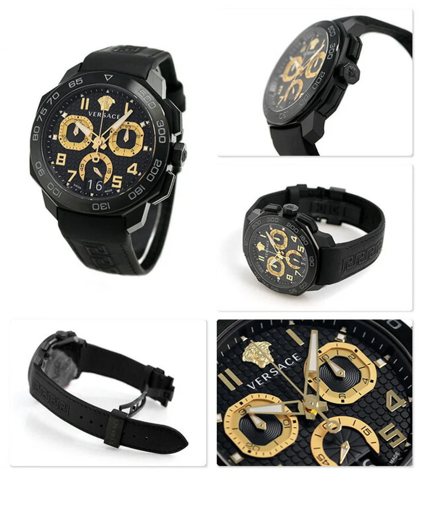VVersace Dylos Chronograph Schwarzes Zifferblatt Schwarzes Kautschukarmband , Herrenuhr – VQC020015