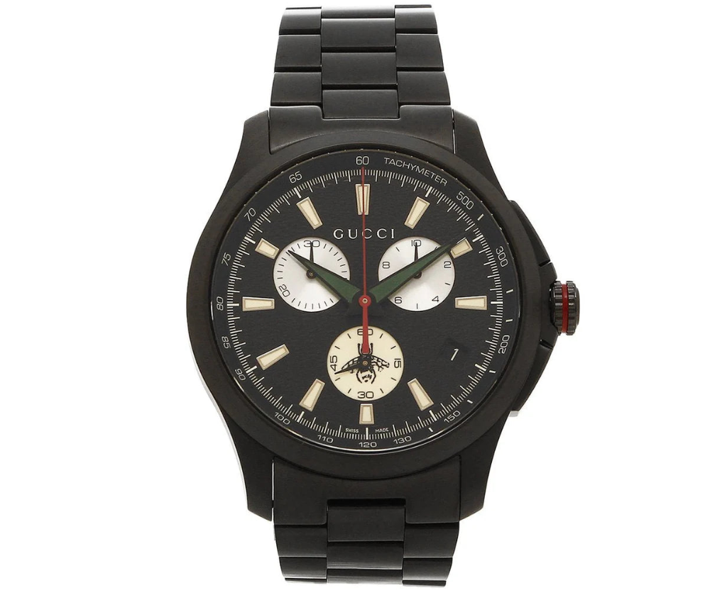 Gucci G-Timeless Chronograph Herrenuhr mit schwarzem Zifferblatt und schwarzem Edelstahlarmband - YA126268