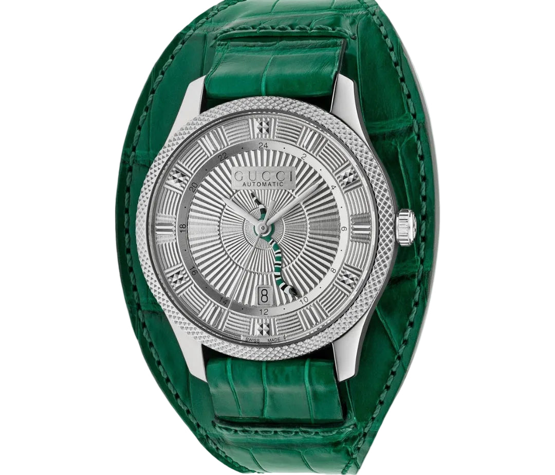 Gucci YA126344 Eryx YA126344 Herrenuhr, silbernes Zifferblatt, Edelstahl, Saphirglas, Automatikaufzug, 40 mm (1,6 Zoll), Schweizer Uhrwerk, silberfarben, Armbandtyp