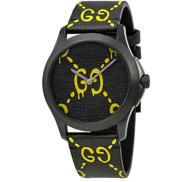Gucci G Timeless Ghost Schwarzes Zifferblatt Schwarze Lederarmbanduhr, Herrenuhr – YA1264019