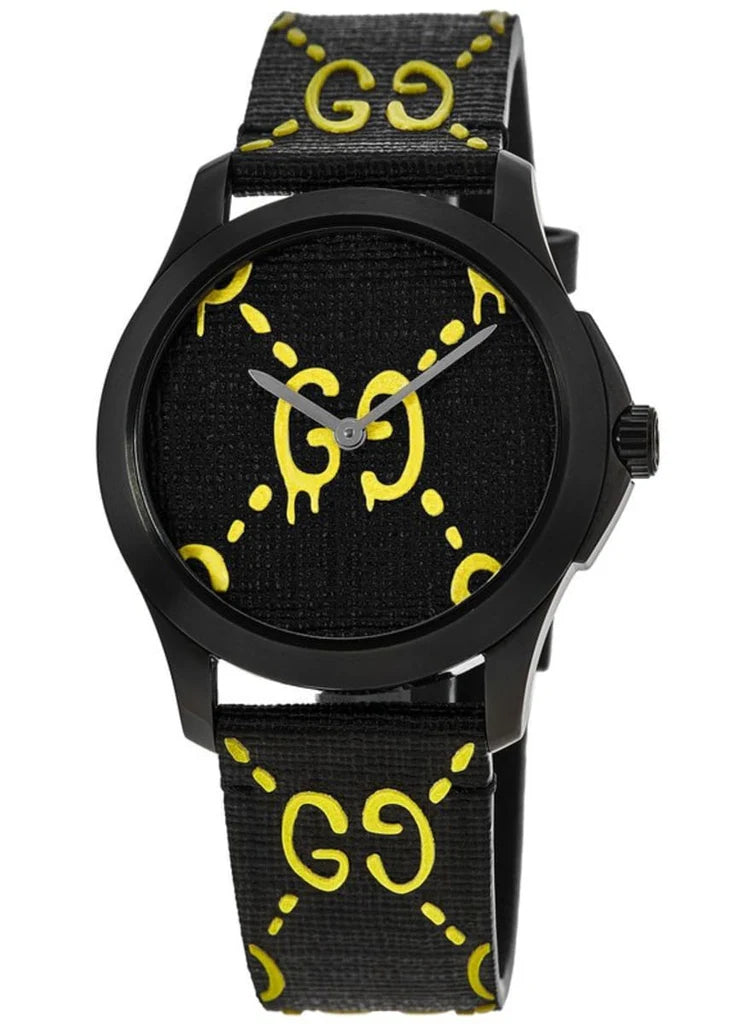 Gucci G Timeless Ghost Schwarzes Zifferblatt Schwarze Lederarmbanduhr, Herrenuhr – YA1264019