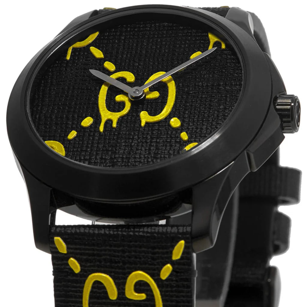 Gucci G Timeless Ghost Schwarzes Zifferblatt Schwarze Lederarmbanduhr, Herrenuhr – YA1264019