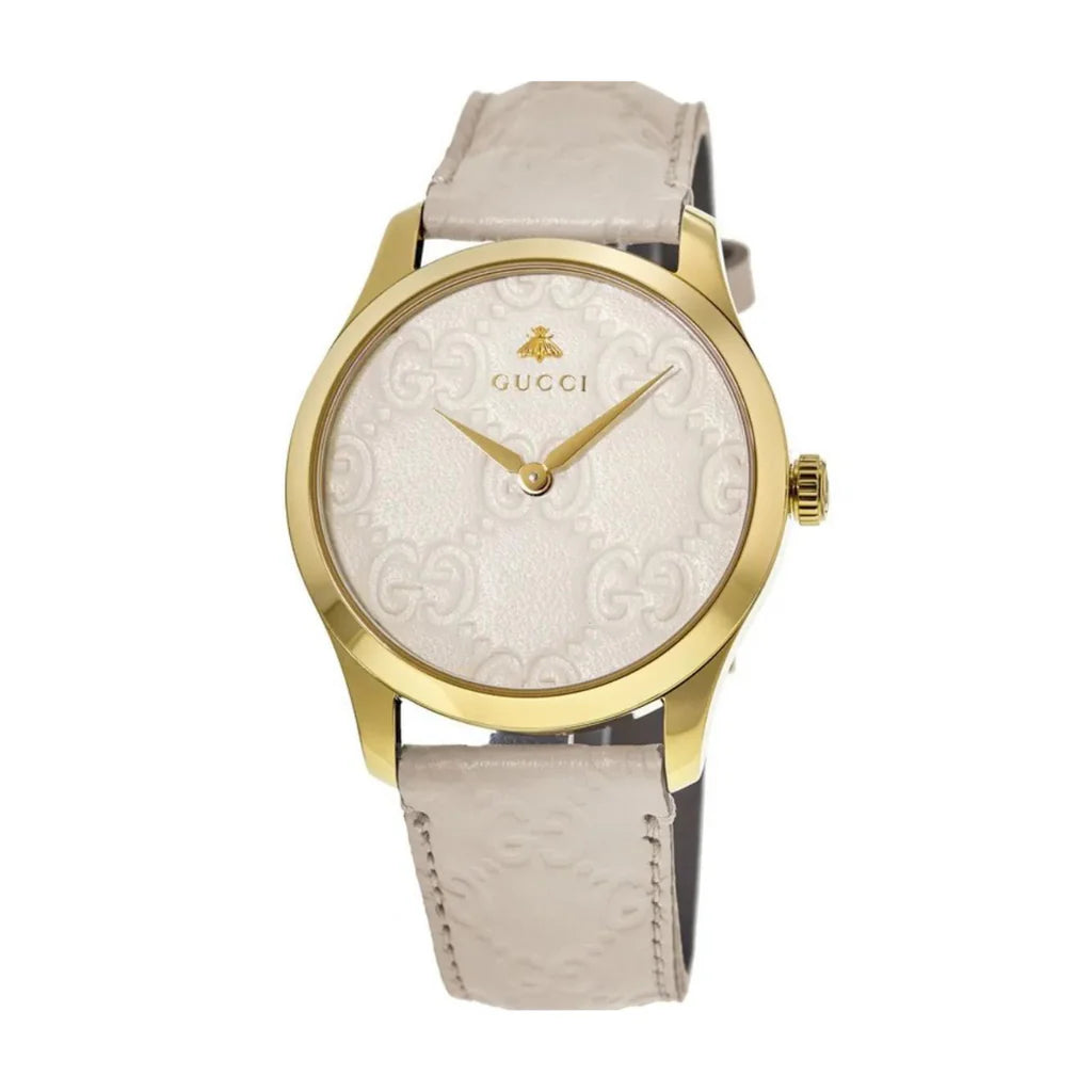 Gucci G Timeless Quarzuhr mit weißem Zifferblatt und weißem Lederarmband für Damen – YA1264033A, Damenuhr