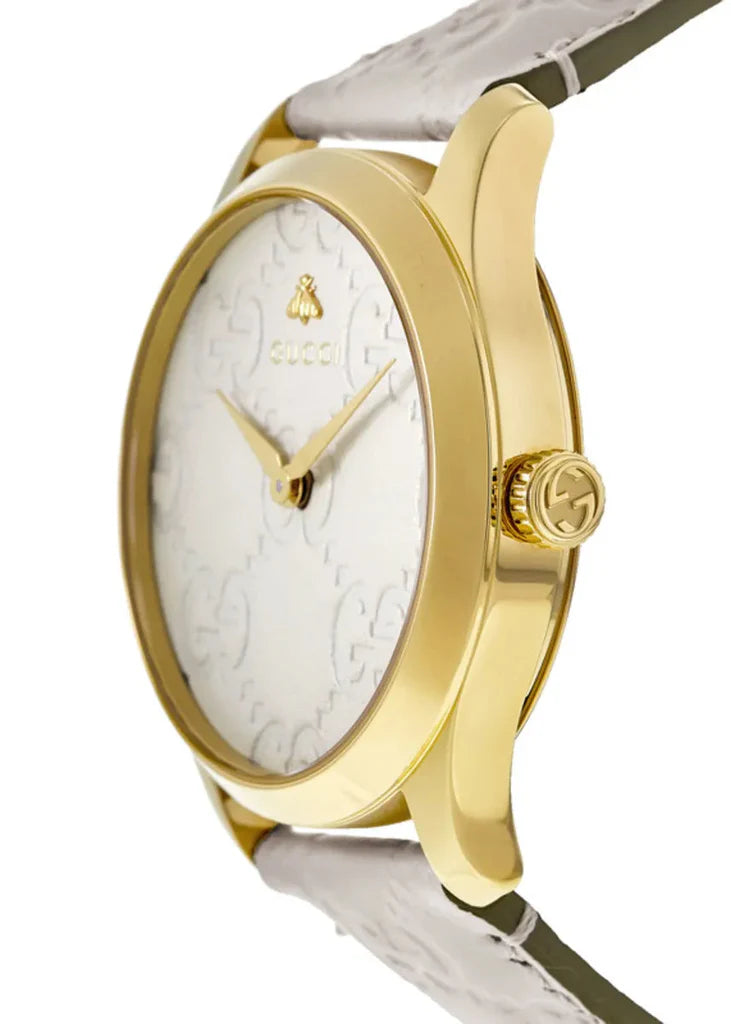 Gucci G Timeless Quarzuhr mit weißem Zifferblatt und weißem Lederarmband für Damen – YA1264033A, Damenuhr