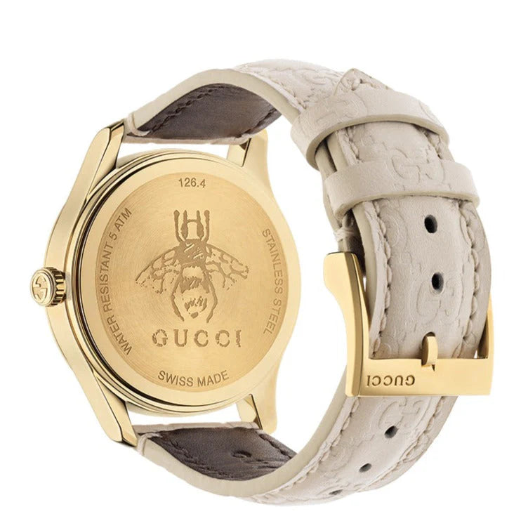 Gucci G Timeless Quarzuhr mit weißem Zifferblatt und weißem Lederarmband für Damen – YA1264033A, Damenuhr