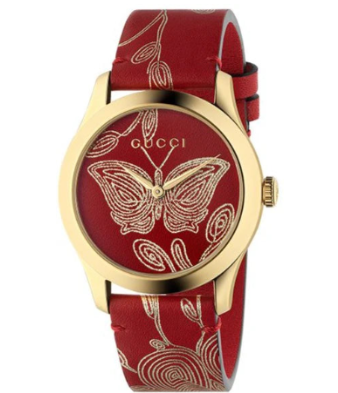 Gucci G Timeless Quarzuhr mit rotem Zifferblatt und rotem Lederarmband für Damen – YA1264054