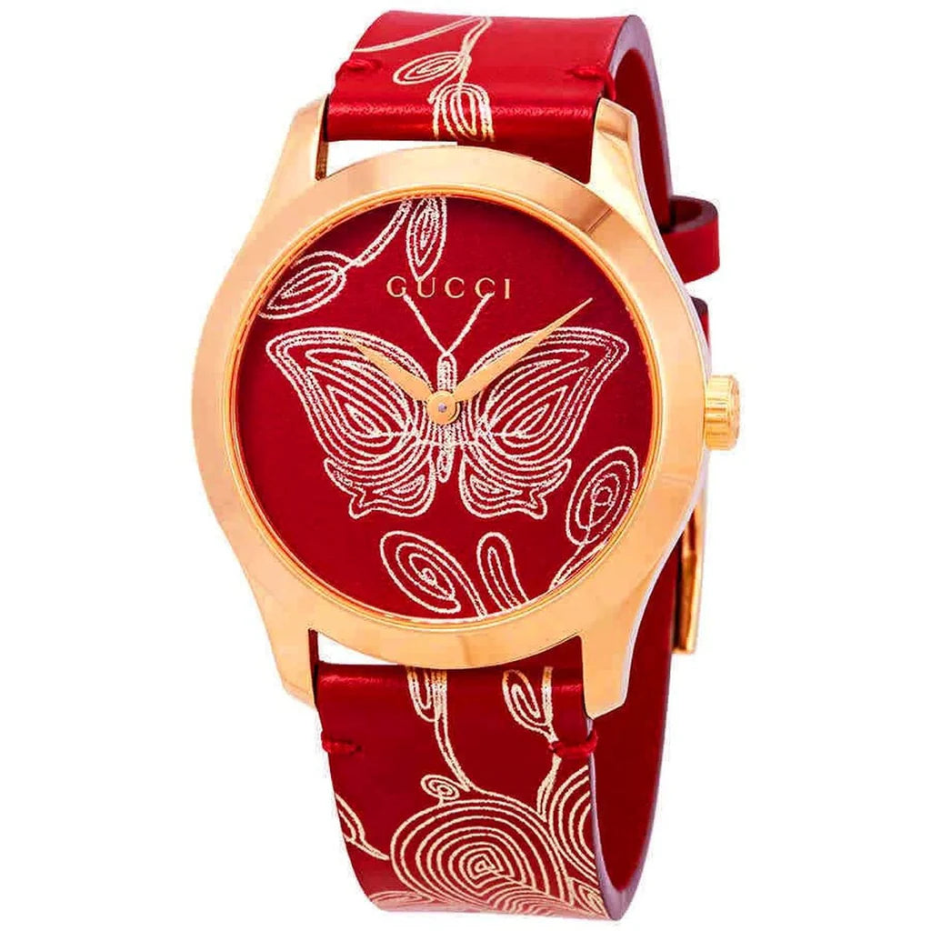 Gucci G Timeless Quarzuhr mit rotem Zifferblatt und rotem Lederarmband für Damen – YA1264054