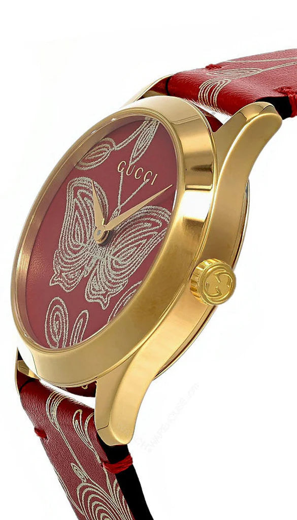 Gucci G Timeless Quarzuhr mit rotem Zifferblatt und rotem Lederarmband für Damen – YA1264054