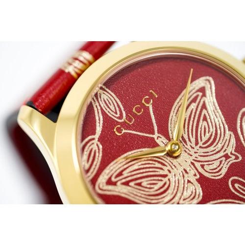 Gucci G Timeless Quarzuhr mit rotem Zifferblatt und rotem Lederarmband für Damen – YA1264054