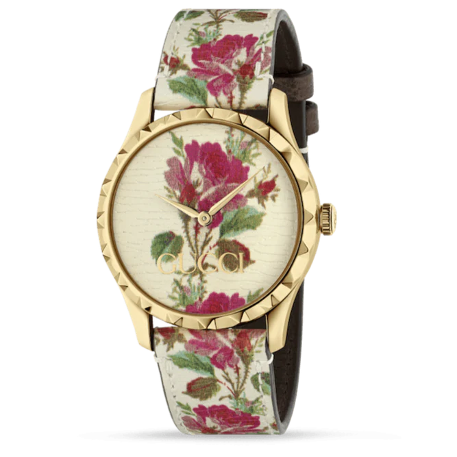 Gucci G Timeless Floral – Uhr mit goldenem Zifferblatt und weißem Lederarmband für Damen – YA1264084, Damenuhr
