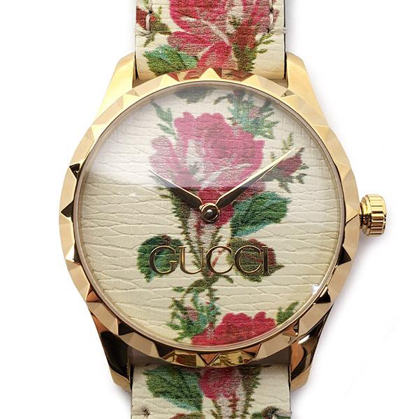Gucci G Timeless Floral – Uhr mit goldenem Zifferblatt und weißem Lederarmband für Damen – YA1264084, Damenuhr