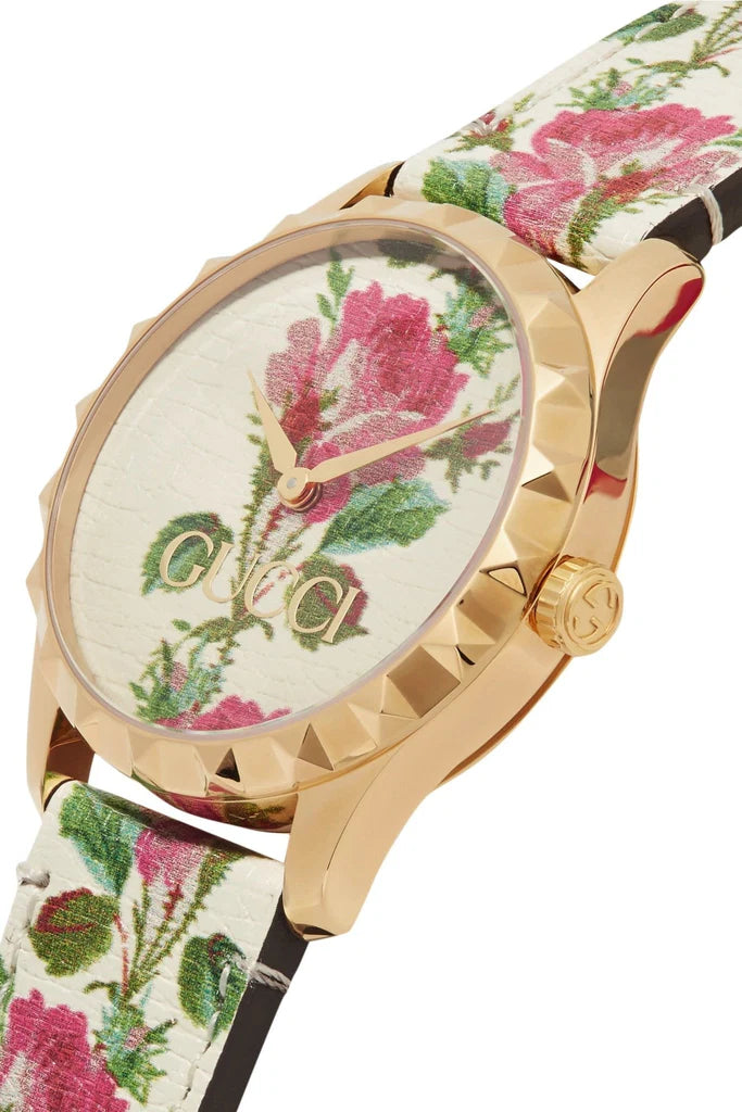 Gucci G Timeless Floral – Uhr mit goldenem Zifferblatt und weißem Lederarmband für Damen – YA1264084, Damenuhr