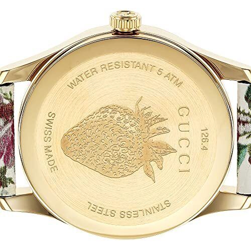 Gucci G Timeless Floral – Uhr mit goldenem Zifferblatt und weißem Lederarmband für Damen – YA1264084, Damenuhr