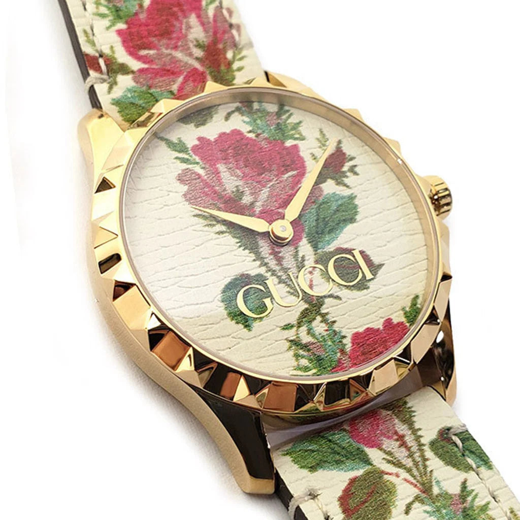 Gucci G Timeless Floral – Uhr mit goldenem Zifferblatt und weißem Lederarmband für Damen – YA1264084, Damenuhr