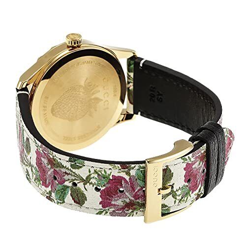 Gucci G Timeless Floral – Uhr mit goldenem Zifferblatt und weißem Lederarmband für Damen – YA1264084, Damenuhr