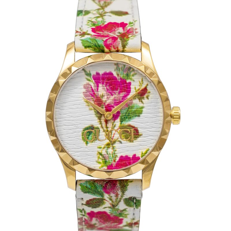 Gucci G Timeless Floral – Uhr mit goldenem Zifferblatt und weißem Lederarmband für Damen – YA1264084, Damenuhr