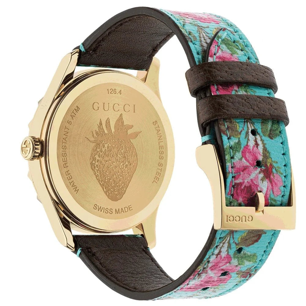 Gucci G Timeless Floral, türkises Zifferblatt, türkises Lederarmband, Damenuhr – YA1264085