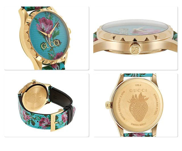 Gucci G Timeless Floral, türkises Zifferblatt, türkises Lederarmband, Damenuhr – YA1264085