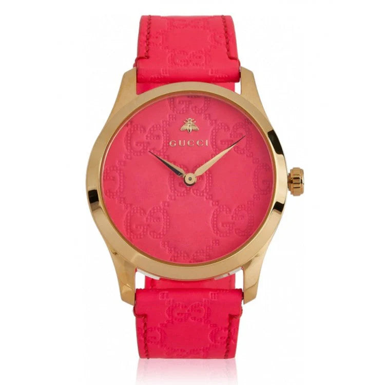 Gucci G Zeitlose Quarz-Ararmbanduhr für Damen, Pink Zifferblatt pinkes Leder– YA1264115