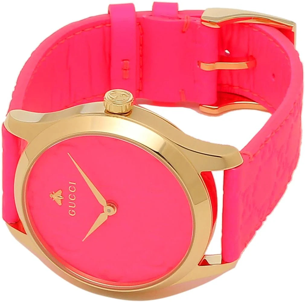 Gucci G Zeitlose Quarz-Ararmbanduhr für Damen, Pink Zifferblatt pinkes Leder– YA1264115