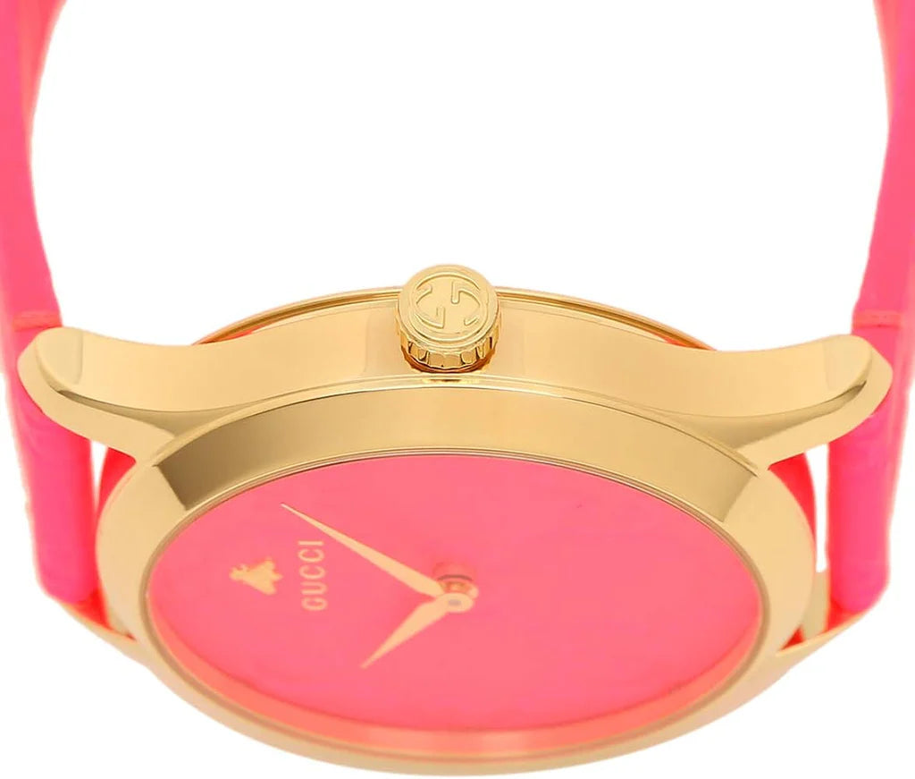 Gucci G Zeitlose Quarz-Ararmbanduhr für Damen, Pink Zifferblatt pinkes Leder– YA1264115