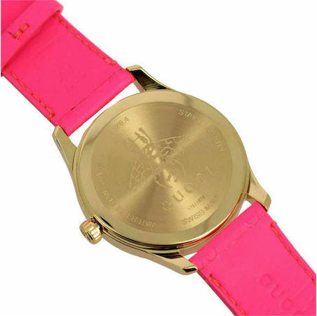 Gucci G Zeitlose Quarz-Ararmbanduhr für Damen, Pink Zifferblatt pinkes Leder– YA1264115