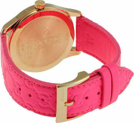 Gucci G Zeitlose Quarz-Ararmbanduhr für Damen, Pink Zifferblatt pinkes Leder– YA1264115