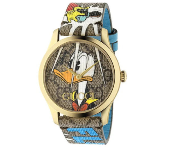 Gucci G Zeitlose Disney Donald Duck Uhr, braunes Zifferblatt, braune Lederarmbanduhr für Damen – YA1264167