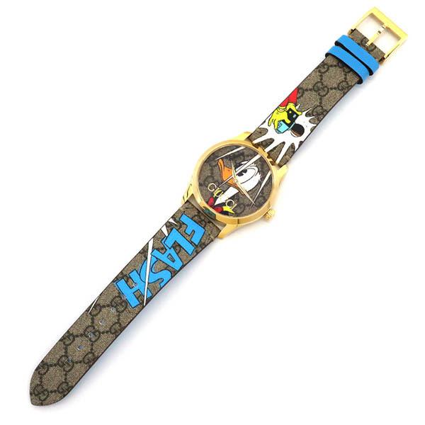 Gucci G Zeitlose Disney Donald Duck Uhr, braunes Zifferblatt, braune Lederarmbanduhr für Damen – YA1264167