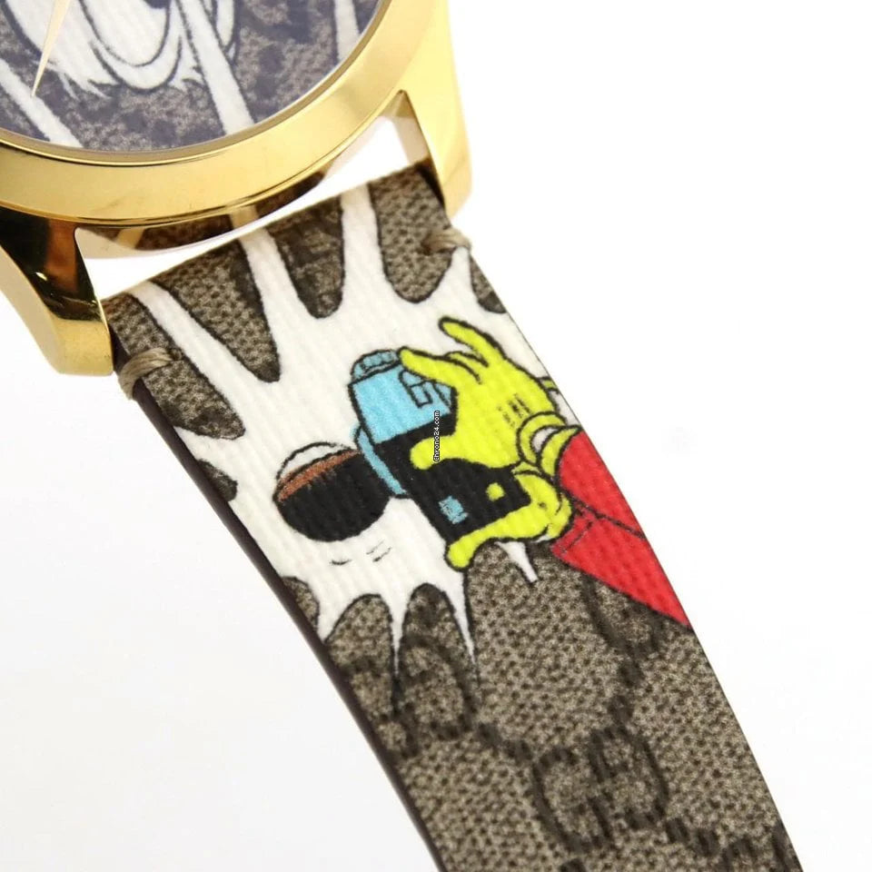 Gucci G Zeitlose Disney Donald Duck Uhr, braunes Zifferblatt, braune Lederarmbanduhr für Damen – YA1264167