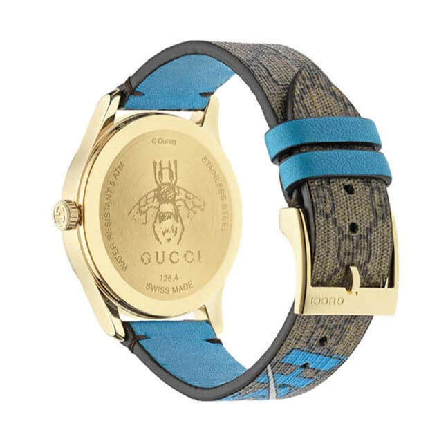 Gucci G Zeitlose Disney Donald Duck Uhr, braunes Zifferblatt, braune Lederarmbanduhr für Damen – YA1264167