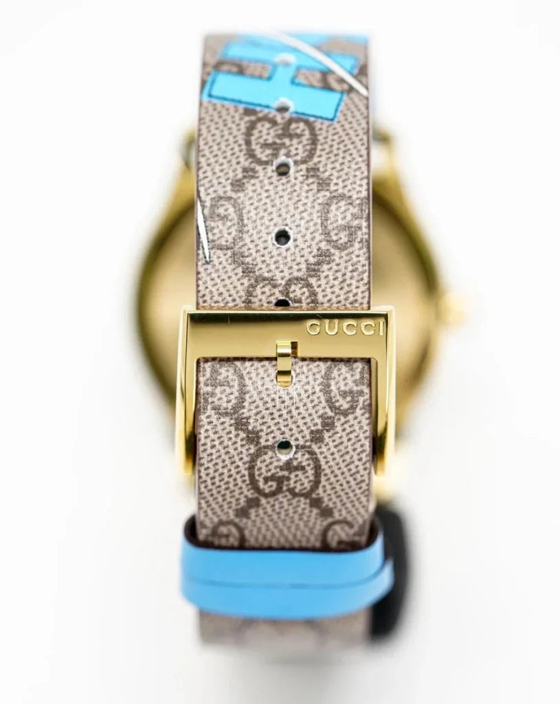 Gucci G Zeitlose Disney Donald Duck Uhr, braunes Zifferblatt, braune Lederarmbanduhr für Damen – YA1264167