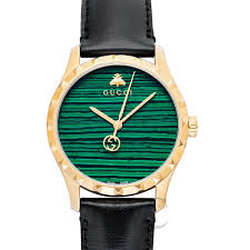 Gucci G Timeless Herrenuhr mit smaraktgrün Zifferblatt und schwarzem Lederarmband - YA126463