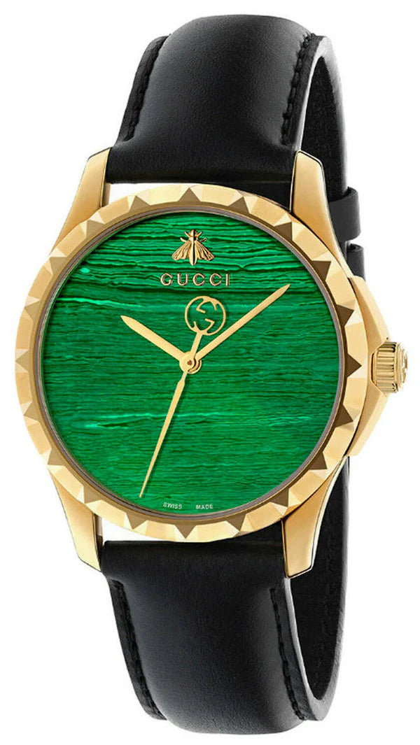 Gucci G Timeless Herrenuhr mit smaraktgrün Zifferblatt und schwarzem Lederarmband - YA126463