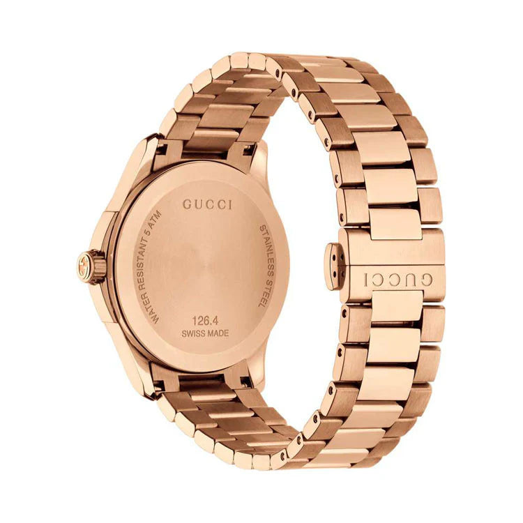 Gucci G Timeless Unisex-Uhr mit rosegoldenem Zifferblatt und rosegoldenem Stahlarmband – YA126482