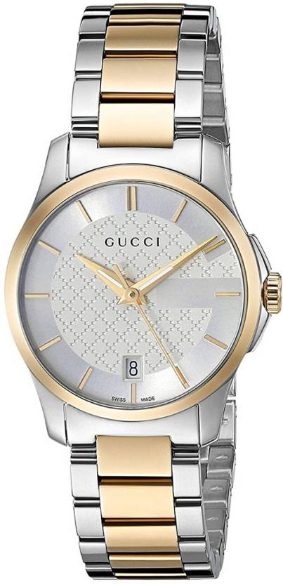Gucci G Timeless Damenuhr mit silbernem Zifferblatt und zweifarbigem Edelstahlarmband - YA126563