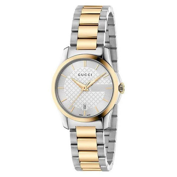 Gucci G Timeless Damenuhr mit silbernem Zifferblatt und zweifarbigem Edelstahlarmband - YA126563