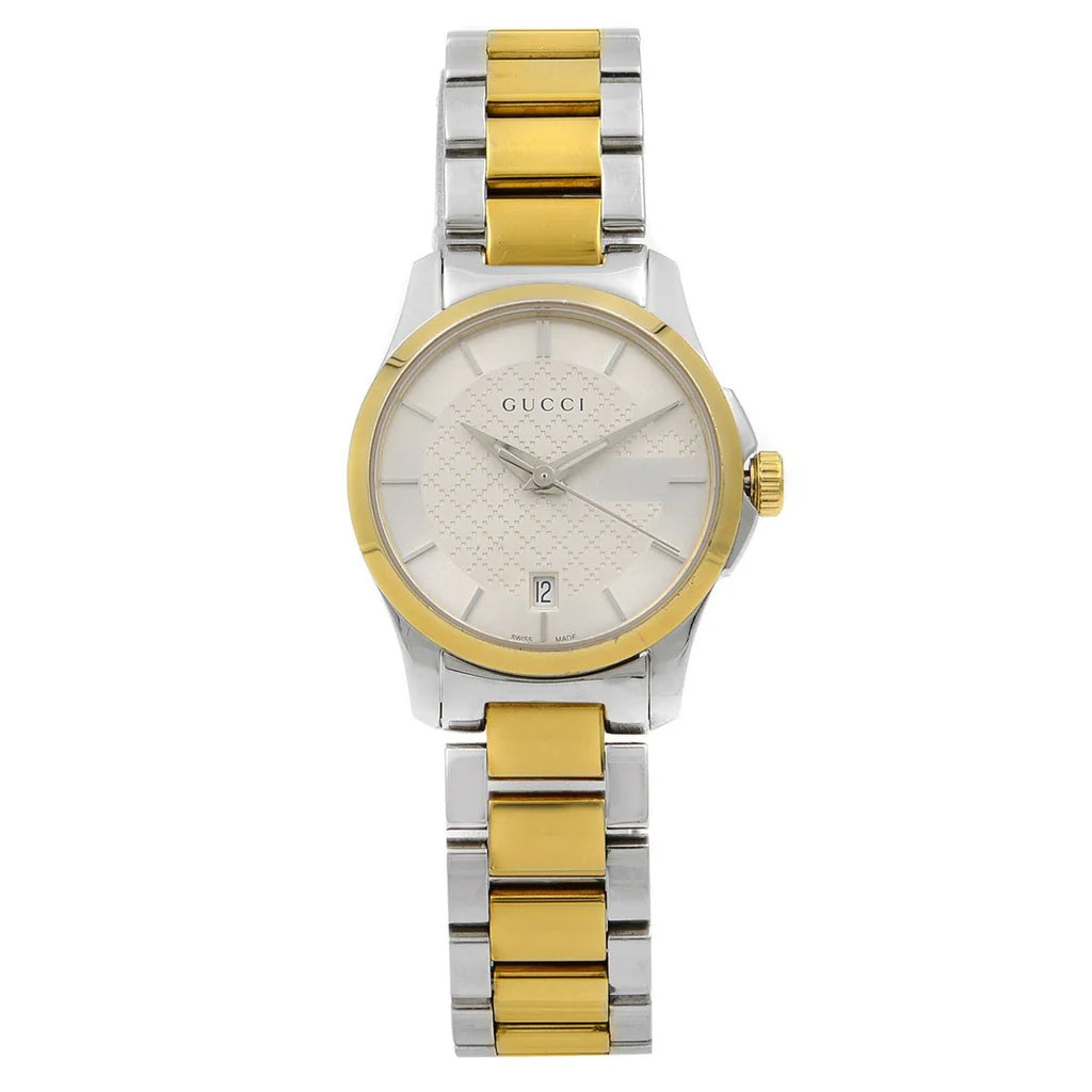 Gucci G Timeless Damenuhr mit silbernem Zifferblatt und zweifarbigem Edelstahlarmband - YA126563