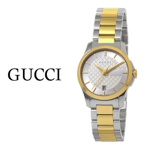Gucci G Timeless Damenuhr mit silbernem Zifferblatt und zweifarbigem Edelstahlarmband - YA126563