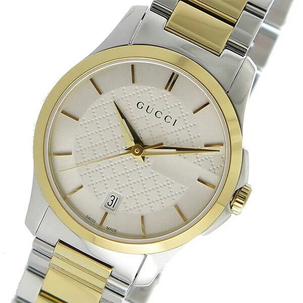 Gucci G Timeless Damenuhr mit silbernem Zifferblatt und zweifarbigem Edelstahlarmband - YA126563
