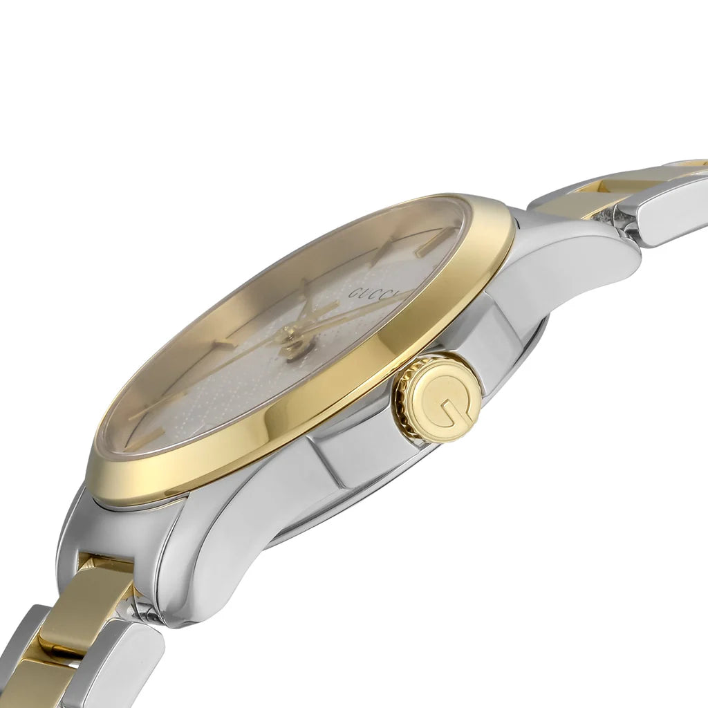 Gucci G Timeless Damenuhr mit silbernem Zifferblatt und zweifarbigem Edelstahlarmband - YA126563