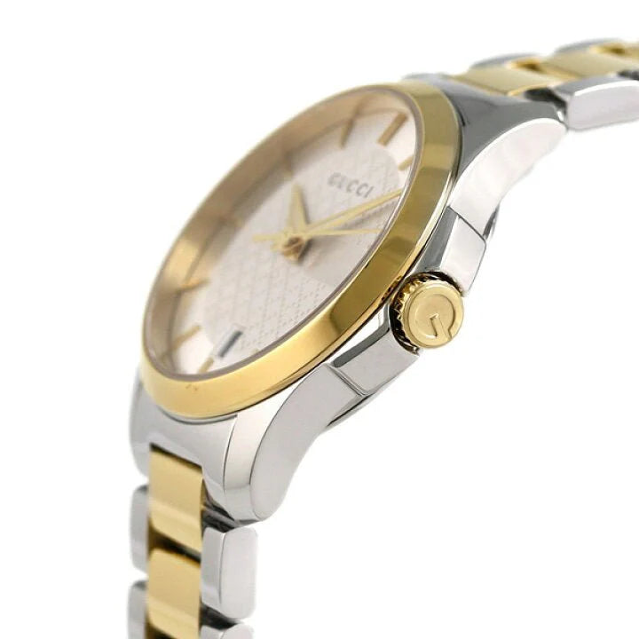 Gucci G Timeless Damenuhr mit silbernem Zifferblatt und zweifarbigem Edelstahlarmband - YA126563