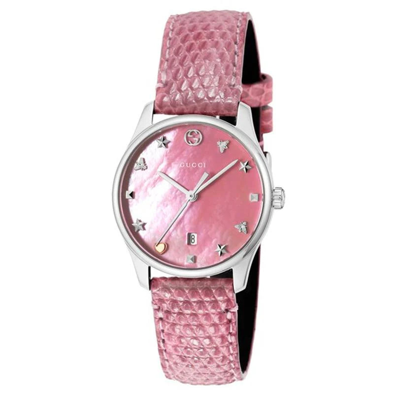 Gucci Damenuhr mit rosa Perlmuttzifferblatt und Lederarmband YA126586