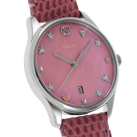 Gucci Damenuhr mit rosa Perlmuttzifferblatt und Lederarmband YA126586