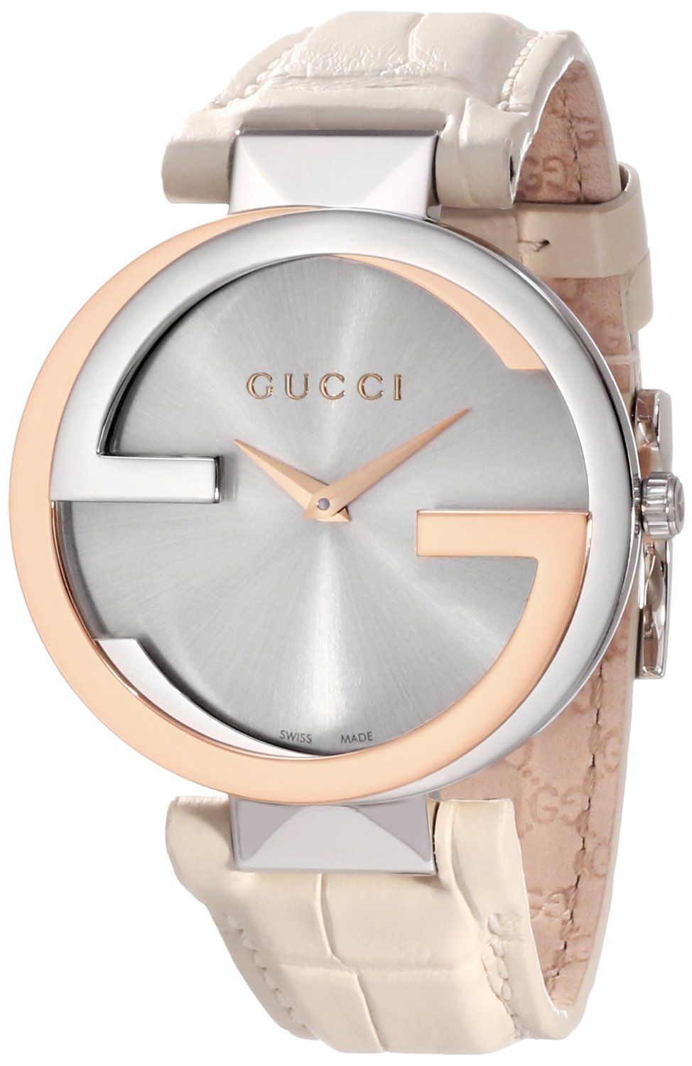 Gucci Damenuhr mit ineinandergreifendem Muster aus 18-karätigem Gold, silbernem Zifferblatt und weißem Lederarmband - YA133303