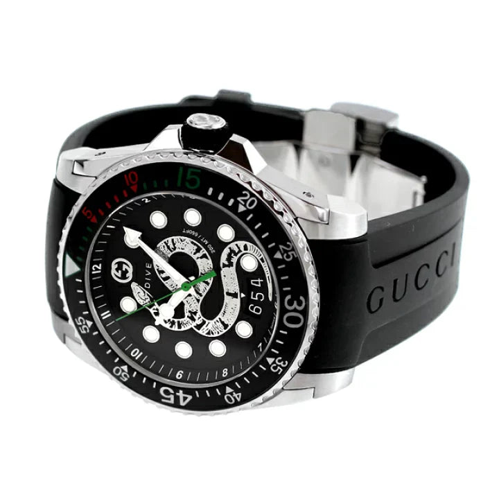 Gucci Dive Quartz Kingsnake – schwarzes Zifferblatt, schwarzes Kautschukarmband – Uhr für Herren – YA136217