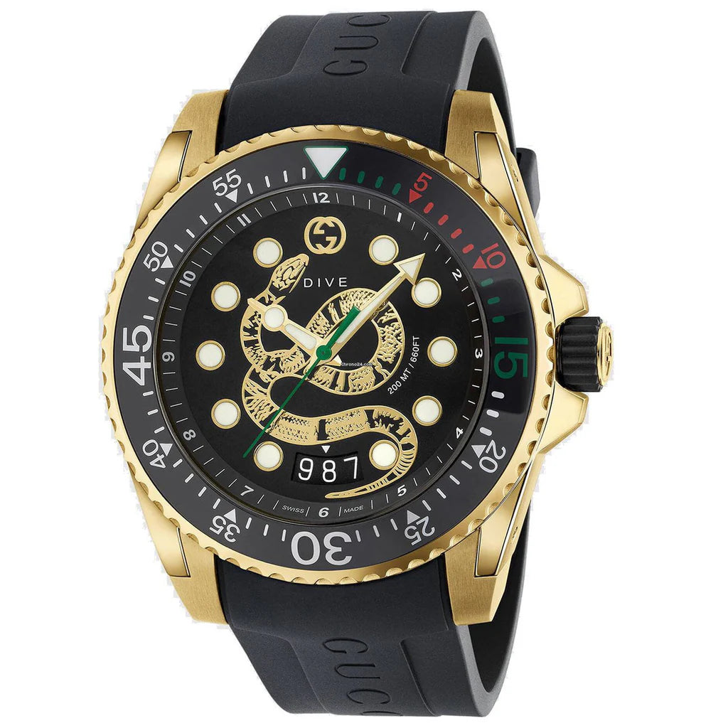 Gucci Dive Quartz – Schwarzes Zifferblatt – Schwarzes Kautschukarmband – Uhr für Herren – YA136219