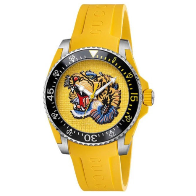 Gucci Dive Tiger – Gelbes Zifferblatt – Gelbes Kautschukarmband – Uhr für Herren – YA136317, Herrenuhr
